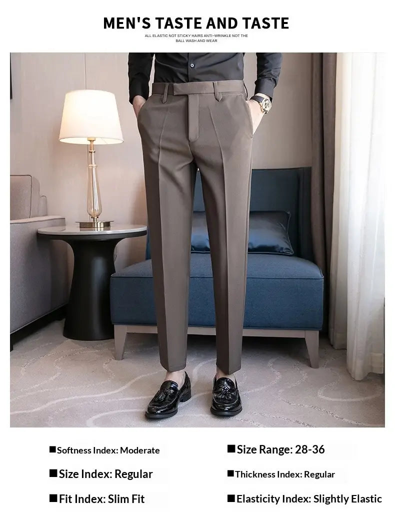 Slim-fit charcoal gray wool trousers showcasing the back side of men’s slim fit British style tailored straight leg trousers.
