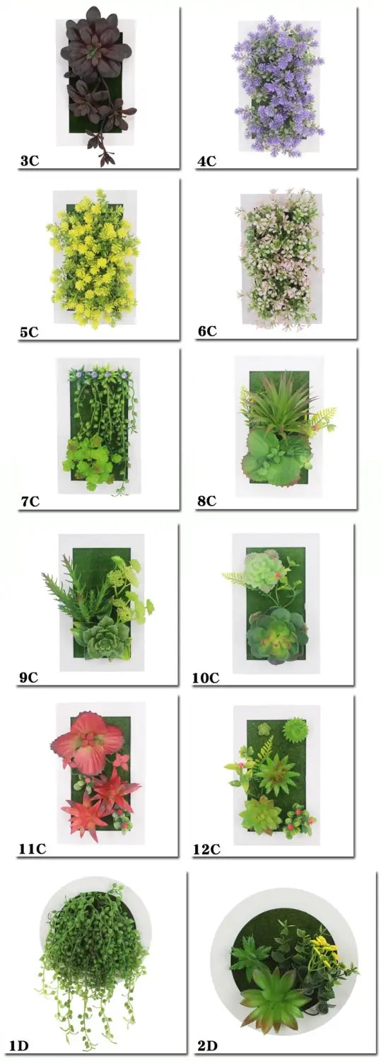 A collection of colorful 3d artificial succulent wall decor featuring hanging and wall-mounted arrangements with varied textures and designs for home or office decoration.