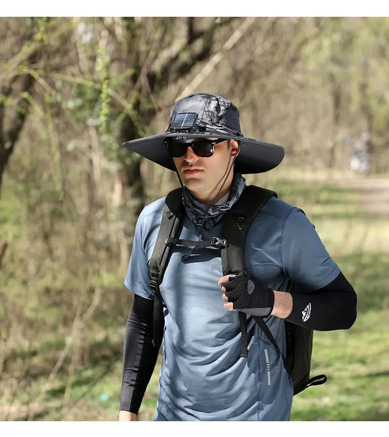 Black wide-brimmed solar fan bucket hat with camouflage pattern and integrated solar panel on the crown for outdoor sun protection.