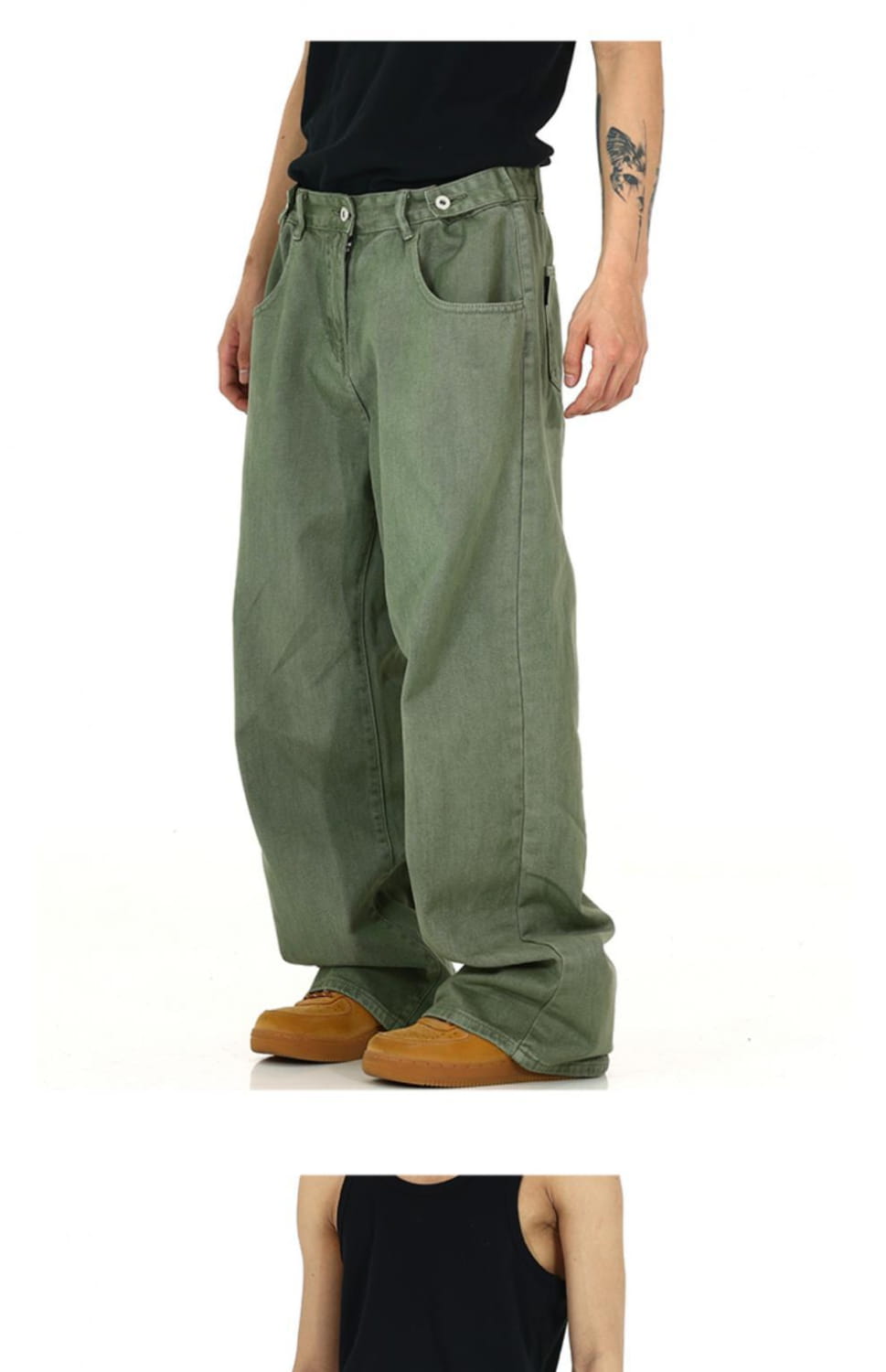 Men’s vintage olive green wide-leg high waist relaxed denim jeans made from durable denim fabric.