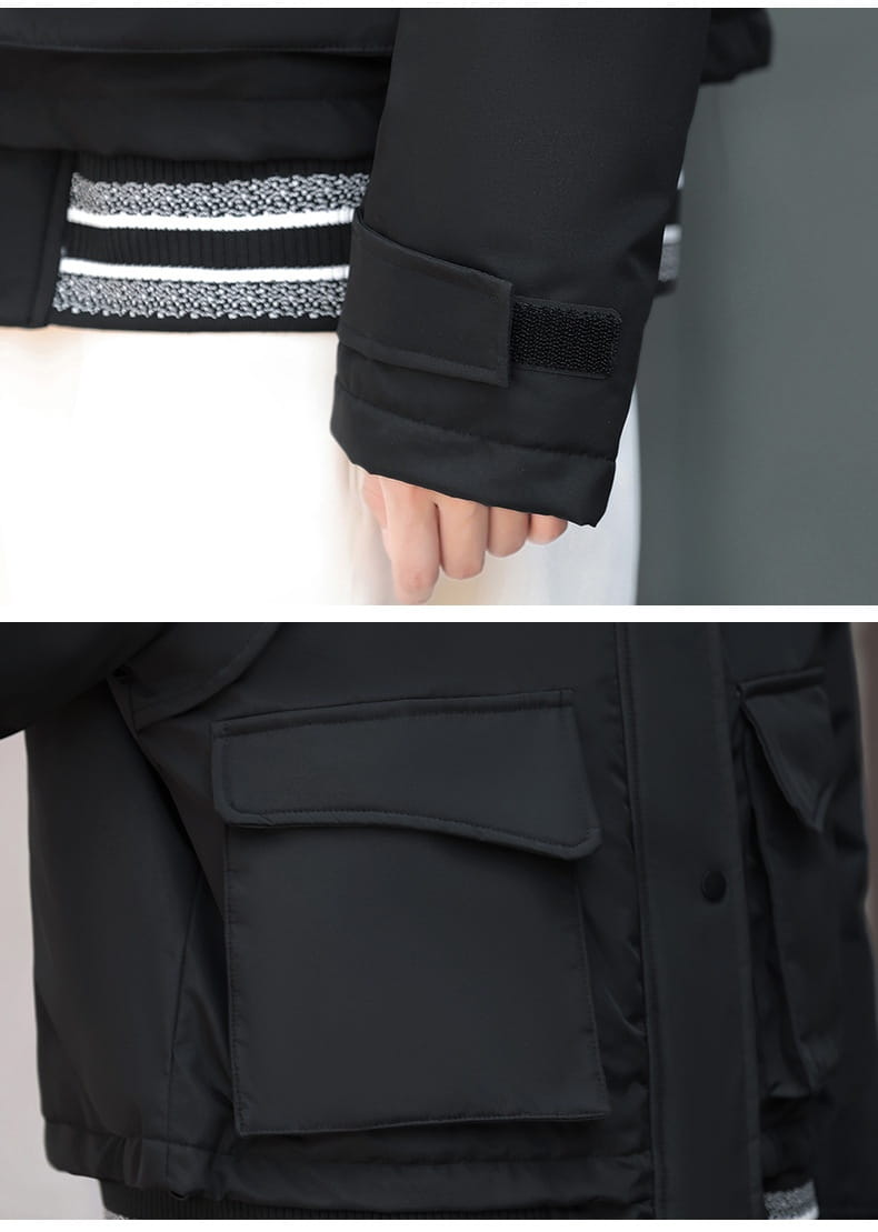Black faux fur collar puffer jacket featuring ribbed cuffs and front pockets.