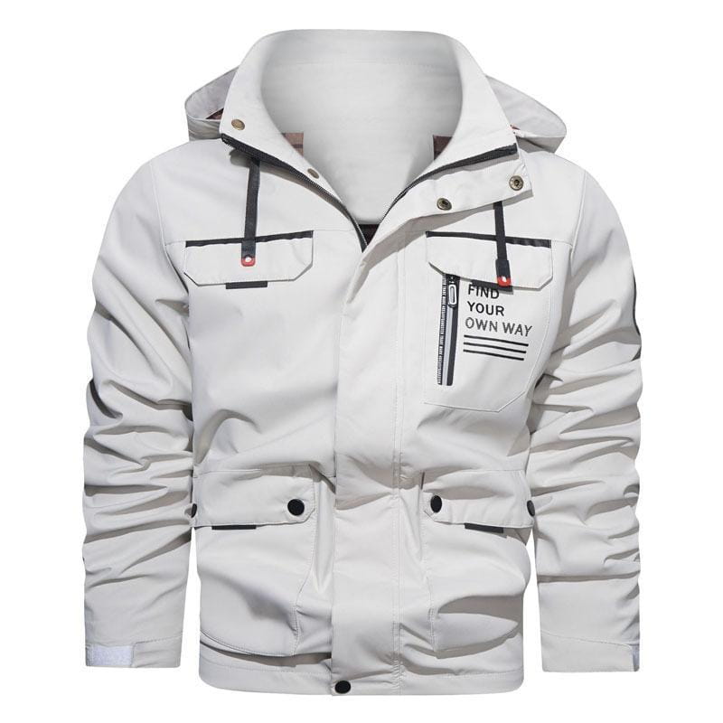 Mens outdoor fleece hooded jacket in white with black trim featuring front pockets with zipper pulls and a find your own way graphic on the left chest.