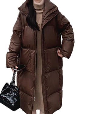 Brown quilted puffer jacket mid length with a hood and a quilted design shown from the back side.