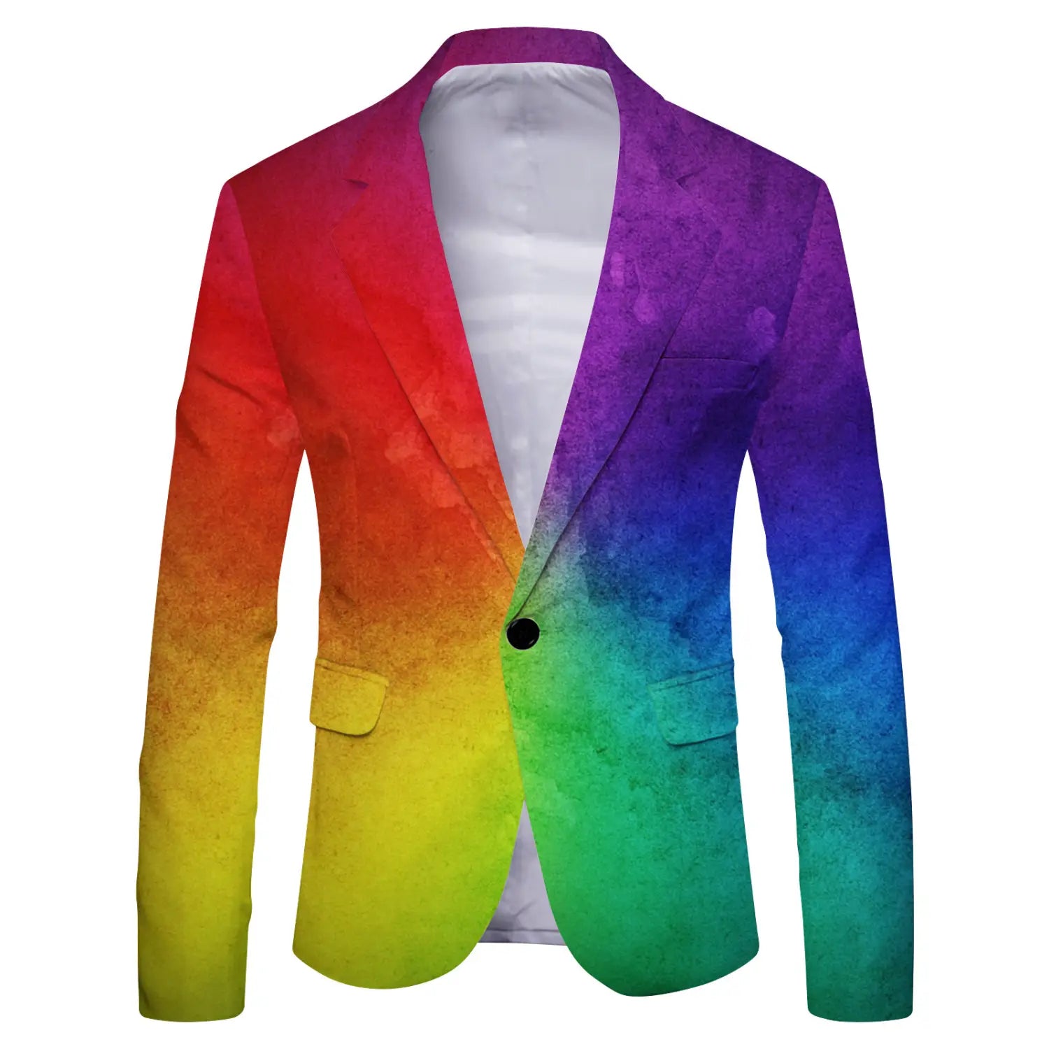 Mens slim fit casual blazer british style suit featuring a vibrant rainbow gradient with a watercolor texture and black buttons.