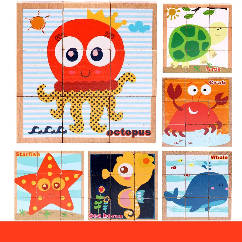 puzzle en cube en bois 6 en 1, jeu éducatif précoce, présentant un octopus rouge avec des tentacules jaunes à pois et une couronne dorée sur un fond à rayures bleues.