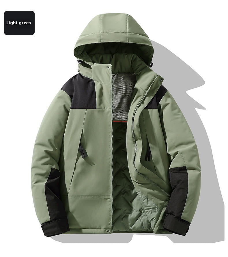 light green and black hooded waterproof thermal winter puffer jacket with a quilted design shown from the back.