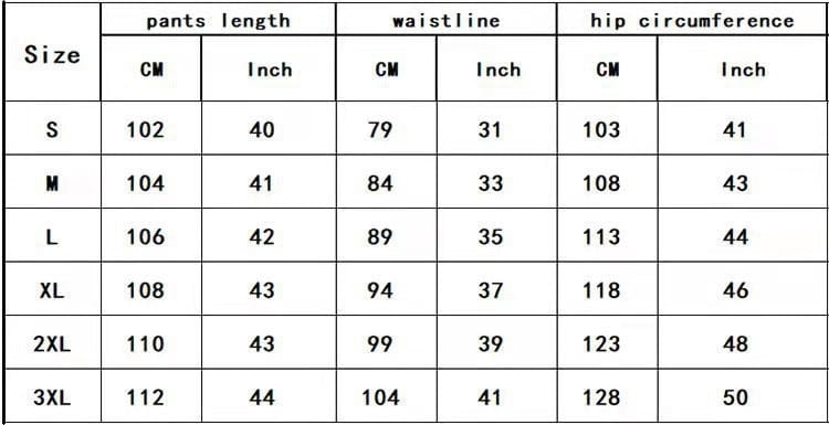 Size chart for pants in centimeters and inches for men casual digital print suit two piece set displaying sizes from s to 3xl.