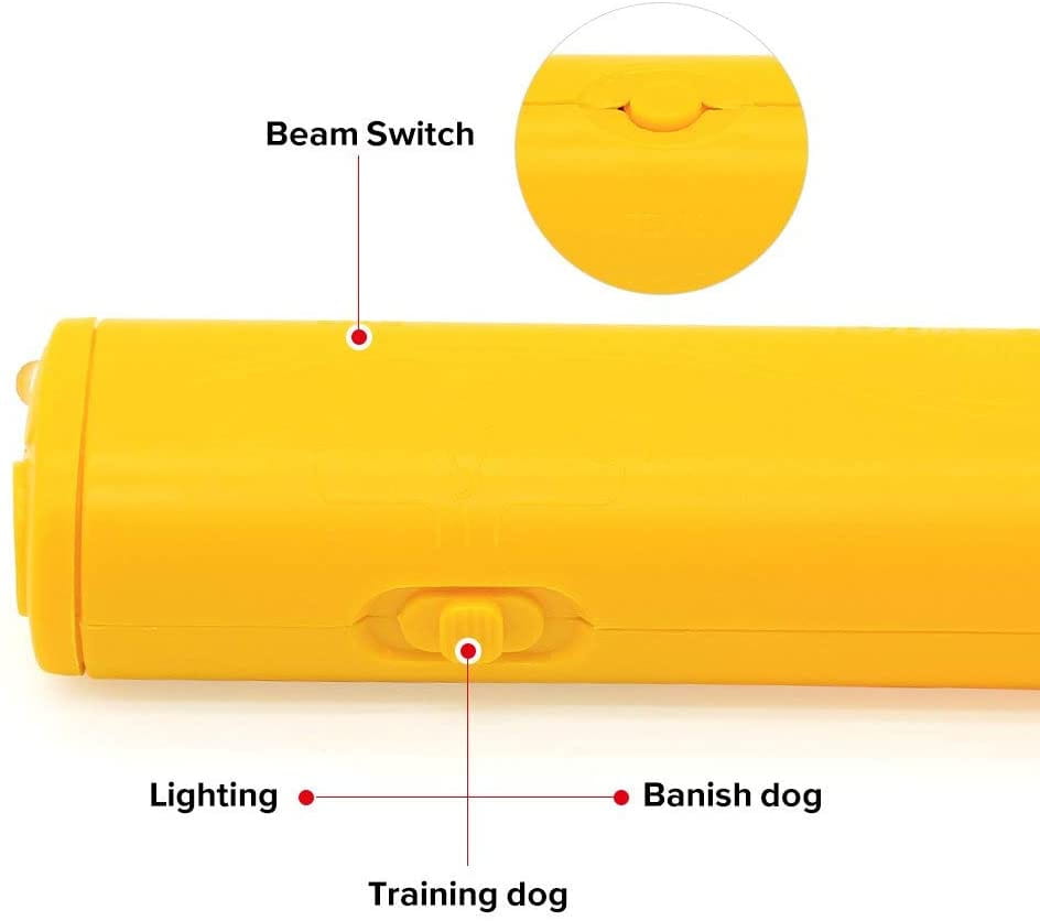 Bright yellow plastic ultrasonic dog repeller and 3 in 1 training device with a beam switch and labeled features for lighting, banishing dogs, or training.
