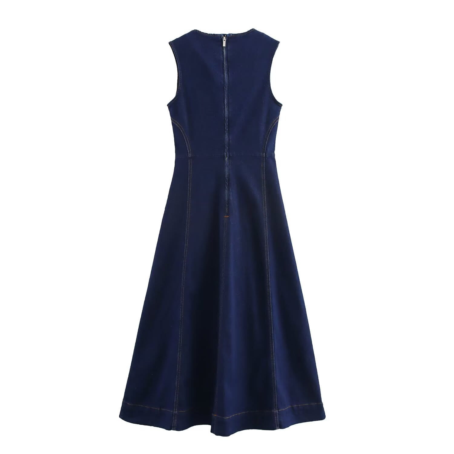 Navy crew neck sleeveless denim a-line dress in navy blue with a zipper back and subtle seam detailing shown from the back side.