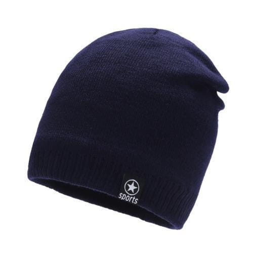 Men’s fleece lined thermal knitted beanie hat in navy blue with a small black patch featuring a white star and the word sports embroidered below.