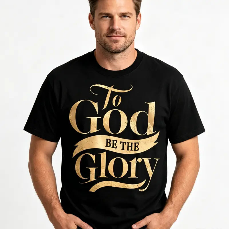 Camiseta negra de algodón con estampado en pan de oro con la frase «to god be the glory» en una tipografía elegante y desgastada tipo caligrafía.