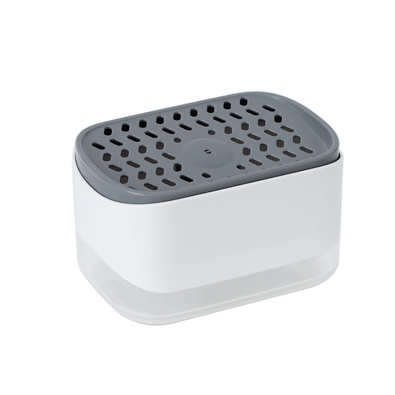 Dispensador de jabón líquido para platos de plástico blanco y gris con soporte para esponja, con tapa perforada y capacidad de 350 ml.