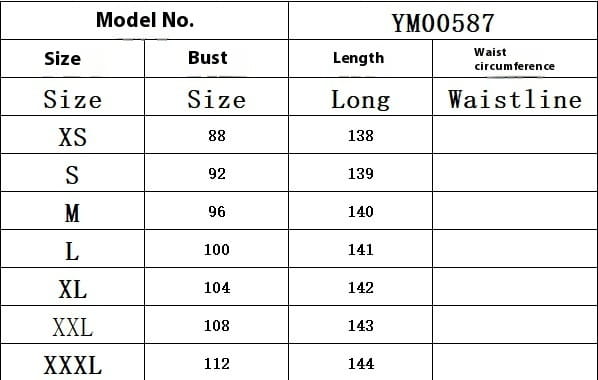 model ym00587 size chart table displaying measurements for xs to xxxl of an elegant one shoulder draped gown with high slit.
