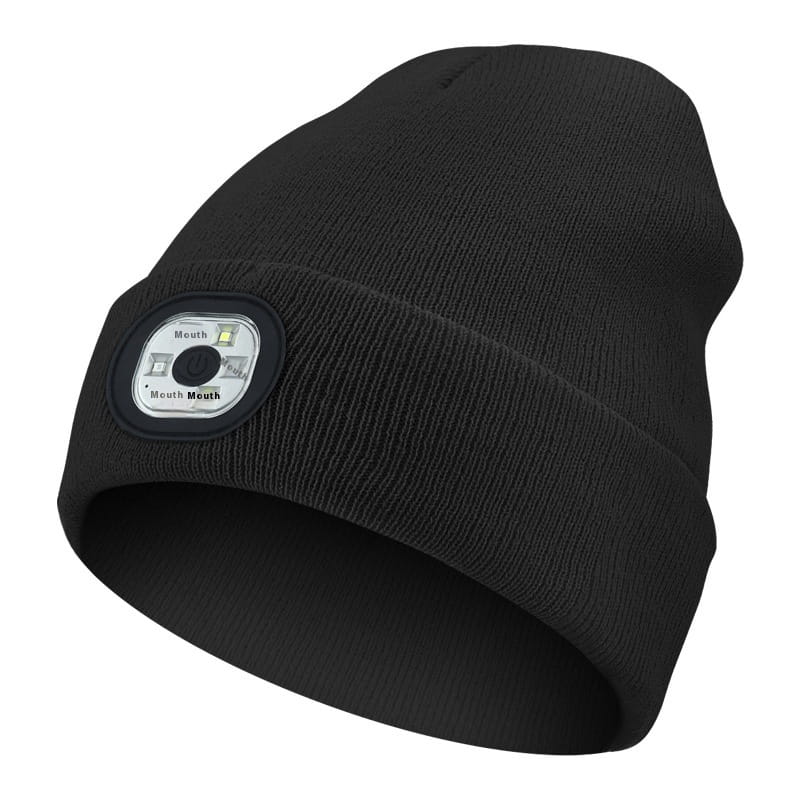 Black knit beanie hat with a circular LED light panel on the cuff designed as a rechargeable washable Bluetooth accessory.