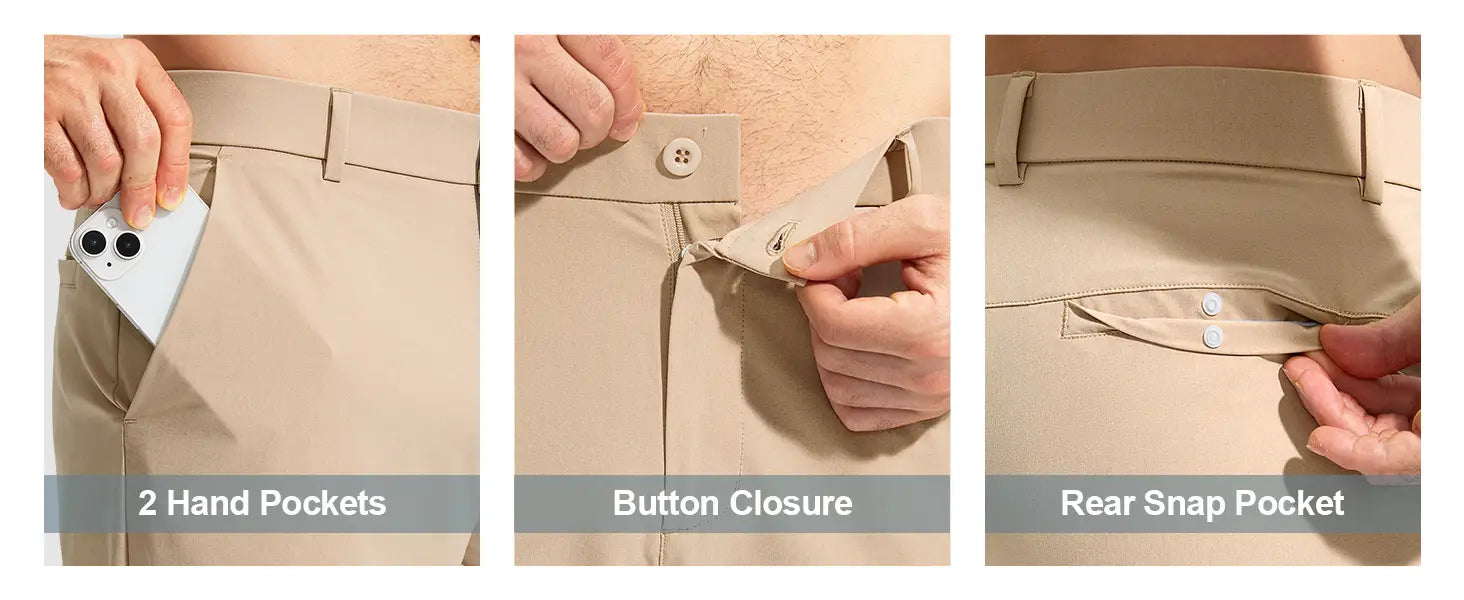 Beige quick drying casual stretch chino pants with two hand pockets button closure and a rear snap pocket shown from the back side.