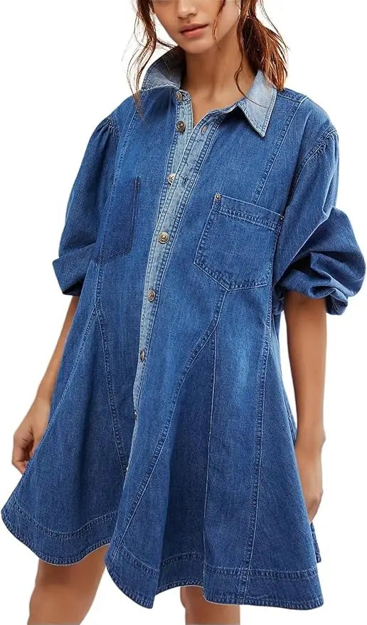 blue denim shirt dress with collar button-front closure patch pockets and lantern sleeves