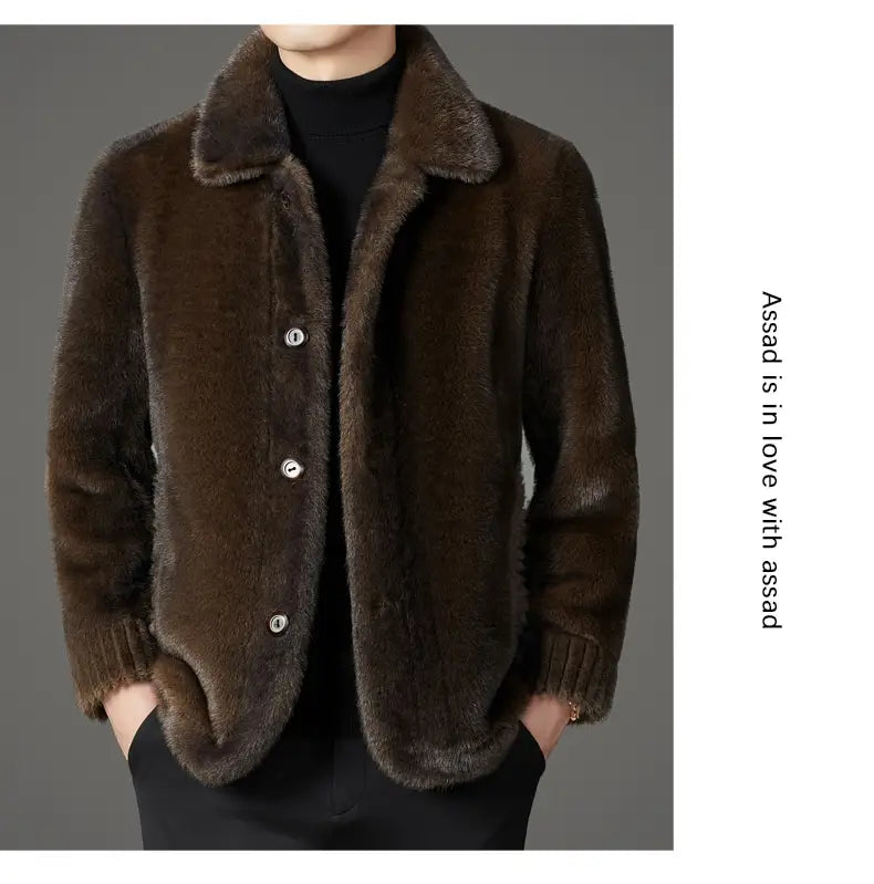 A rich brown faux fur winter coat for men featuring a plush collar ribbed cuffs and silver-toned buttons.
