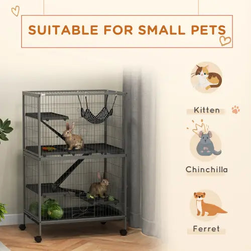 Jaula para hurones pequeños de metal negro de dos niveles con ruedas y hamaca para pequeños animales, diseñada para un alojamiento seguro y cómodo
