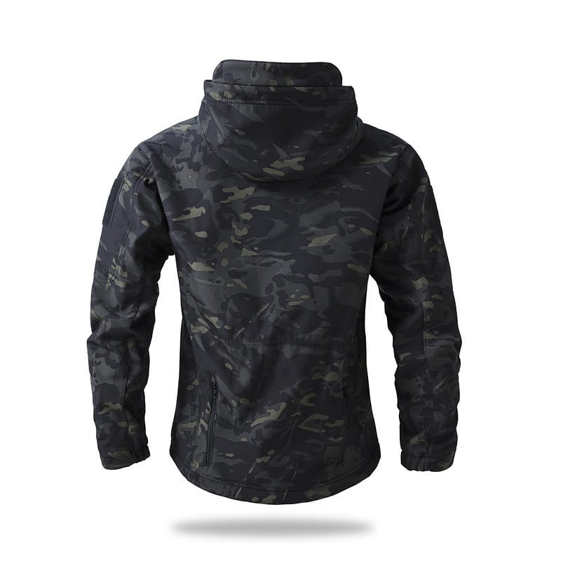 Men’s waterproof tactical fleece soft shell jacket in black and gray camouflage shown from the back side made of softshell material designed for outdoor use.