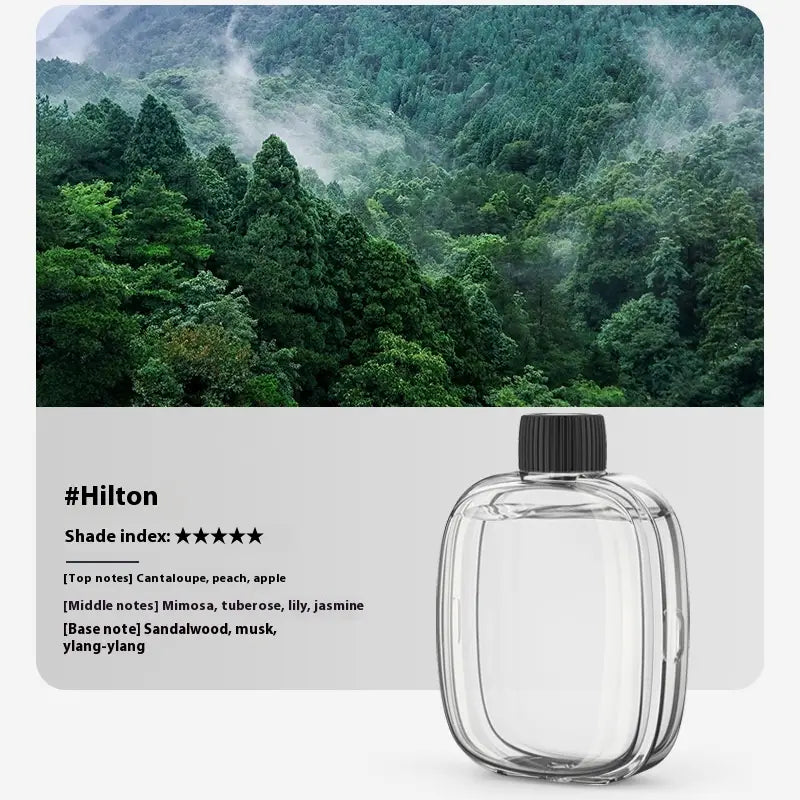 Clear glass perfume bottle with black ribbed cap featuring maison m signature rounded rectangular design for essential oil refill compatible with V01pro aroma diffuser 50ml.