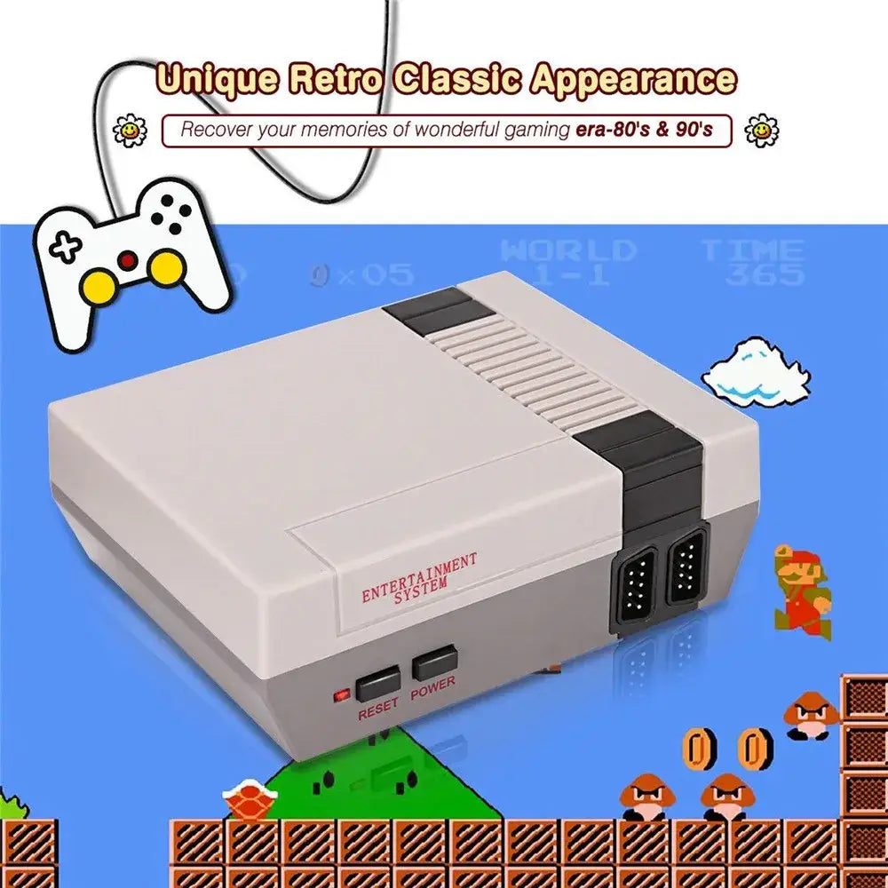 Beige and black retro-style 620 video game console with entertainment system label in red on the front and two controllers.