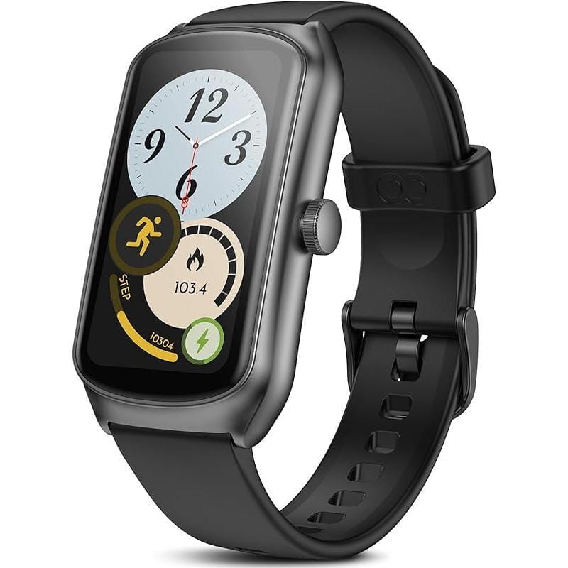 Black Anyloop Amoled fitness smartwatch with rectangular screen displaying heart rate and Spo2 monitoring and sleek minimalist design.