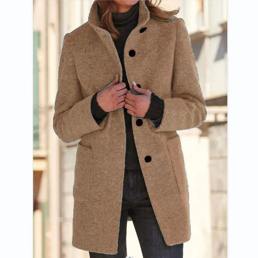 beige woolen stand collar winter coat for women featuring black buttons and a classic collar.