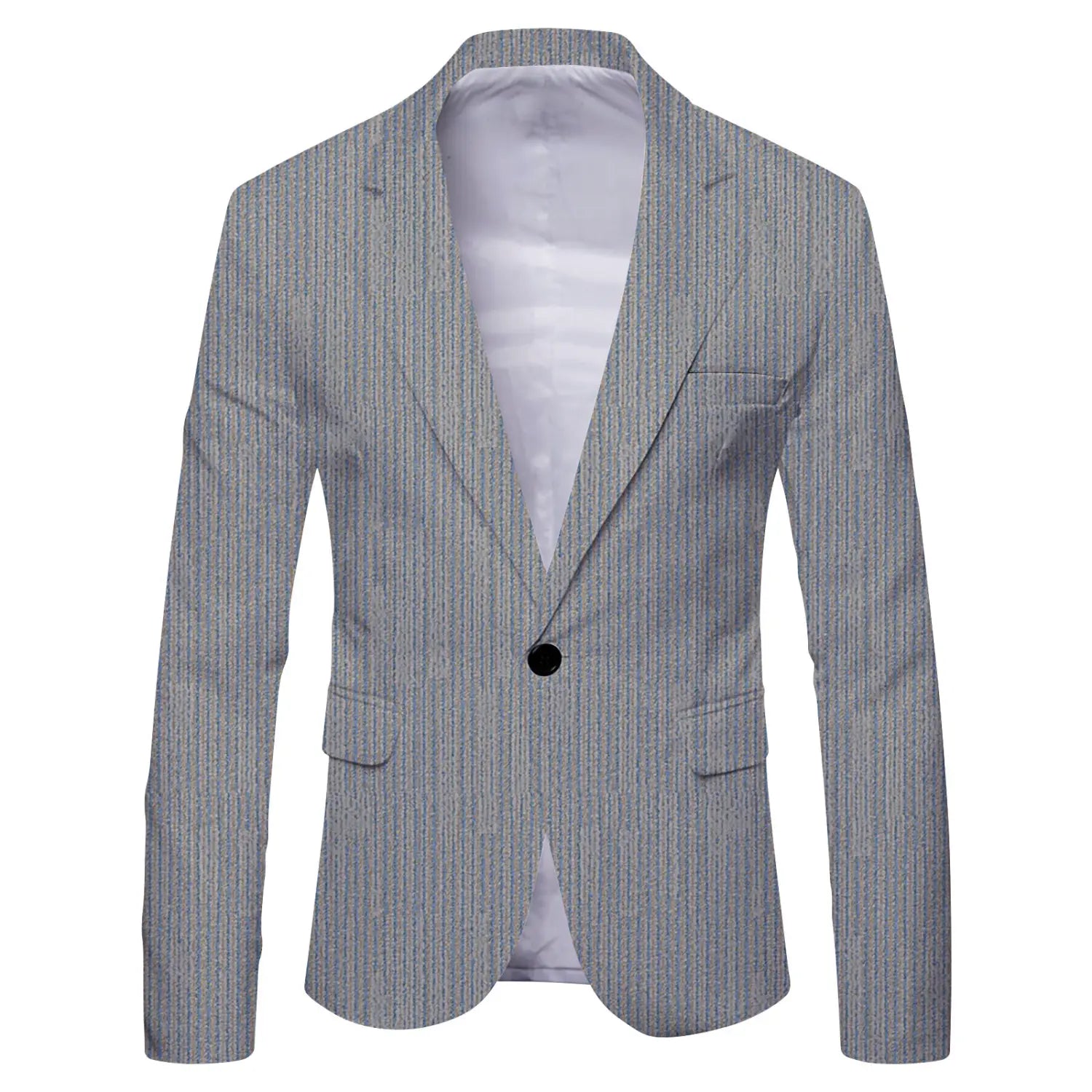 Mens slim fit casual blazer british style suit in gray with fine vertical pinstripes and a single black button.