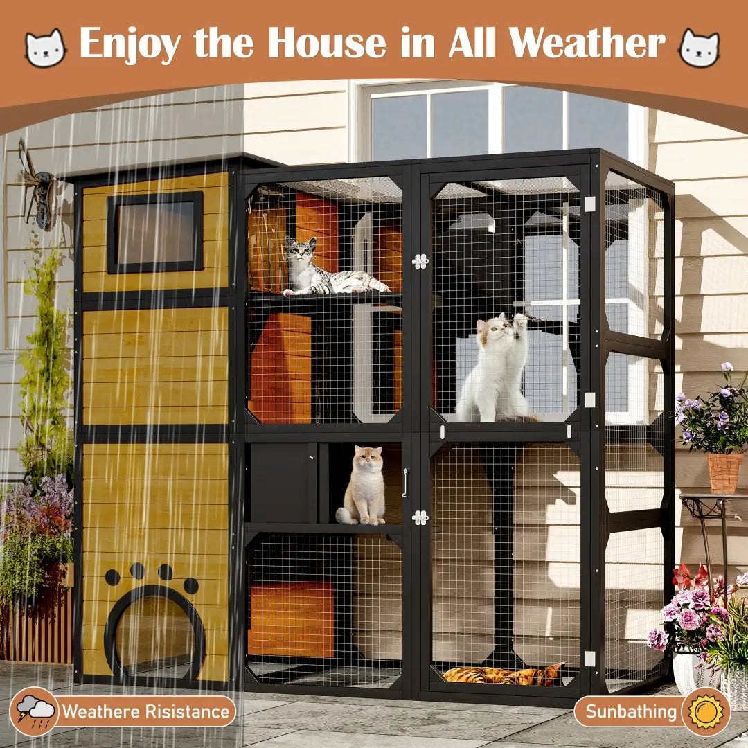 Large outdoor catio four tier wooden cat enclosure with black and yellow mesh panels wooden accents and a paw print entrance.