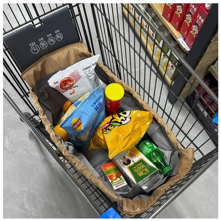 Tan fabric shopping cart liner with gray interior lining and brown trim for multifunctional waterproof nylon fashion tote and backpack.