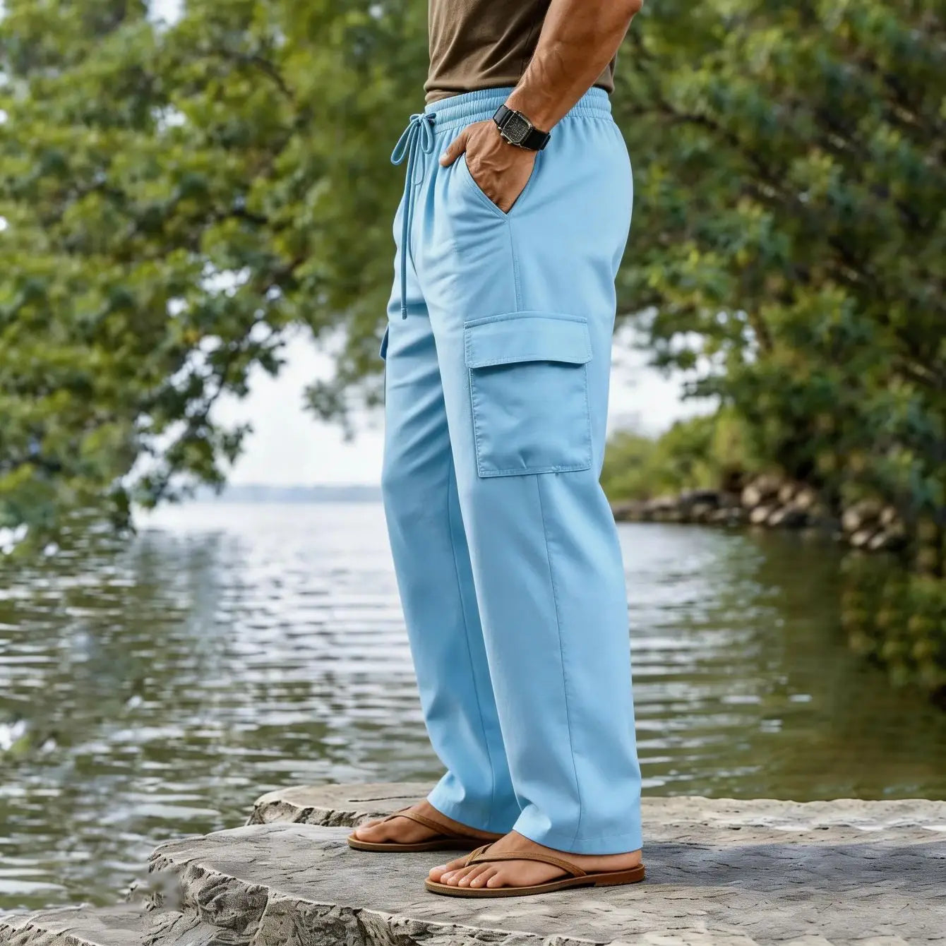 Light blue men cotton linen cargo pants with a drawstring waist and large side pockets for casual wear.