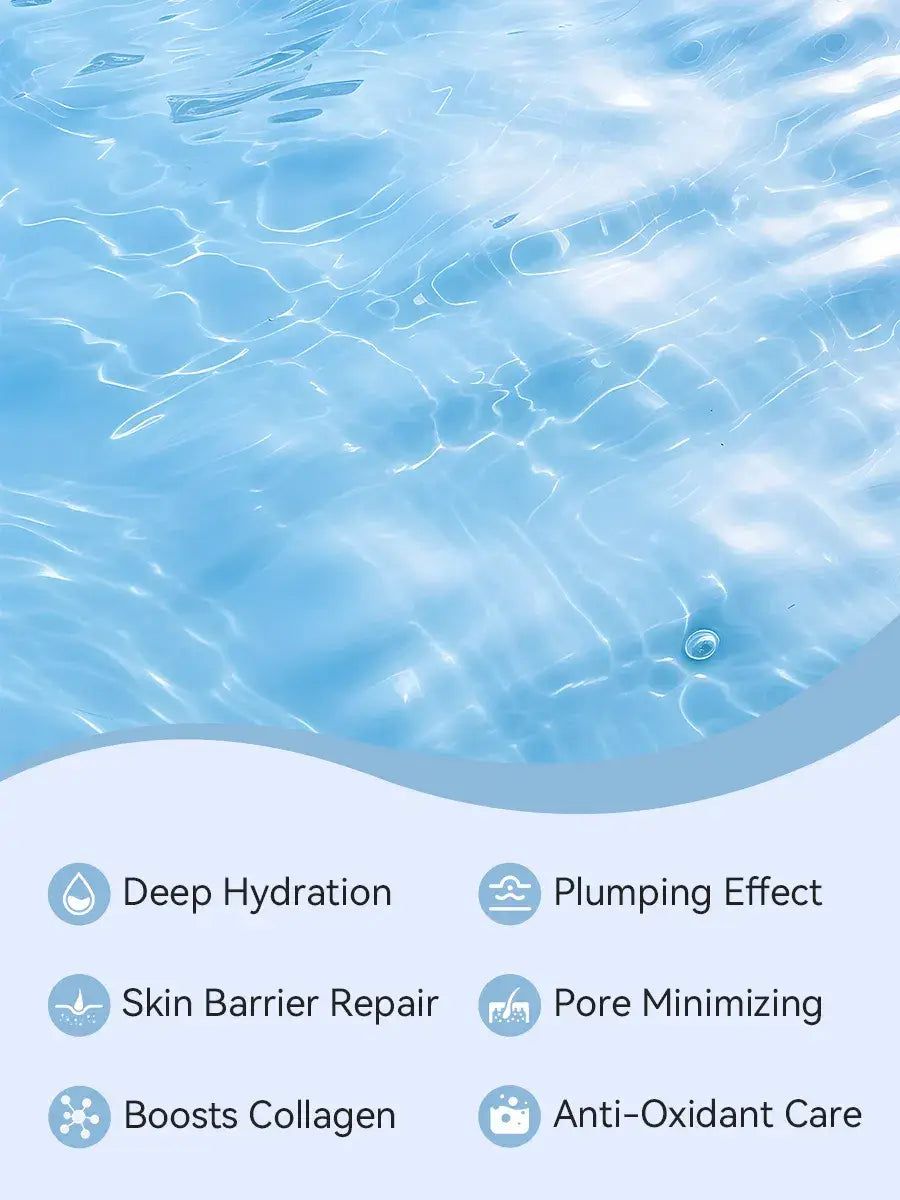 A clear blue water surface with gentle ripples and a single bubble illustrating hydration for Luhezr deep collagen anti wrinkle lifting mask 5 sheets.