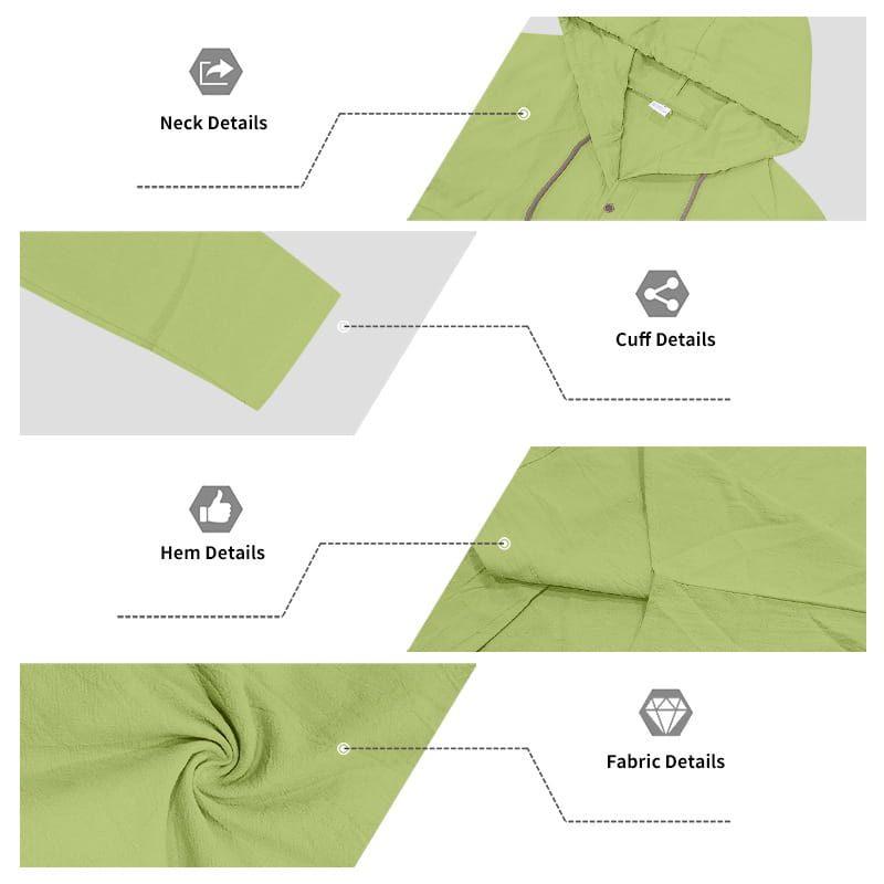 Men linen hooded cardigan shirt in light green with smooth lightweight fabric and subtle gray zipper accents.
