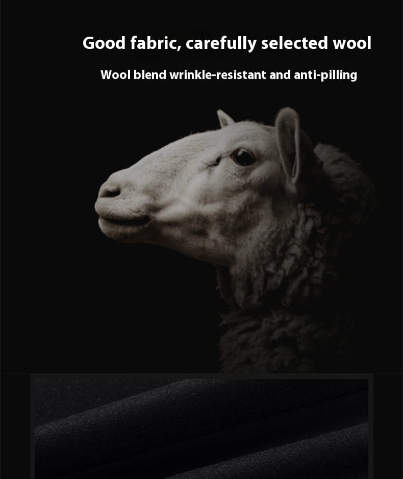 A close-up of a sheep’s head in monochrome highlighting the wool texture, representing the material used in a men woolen overcoat with quilted lining.