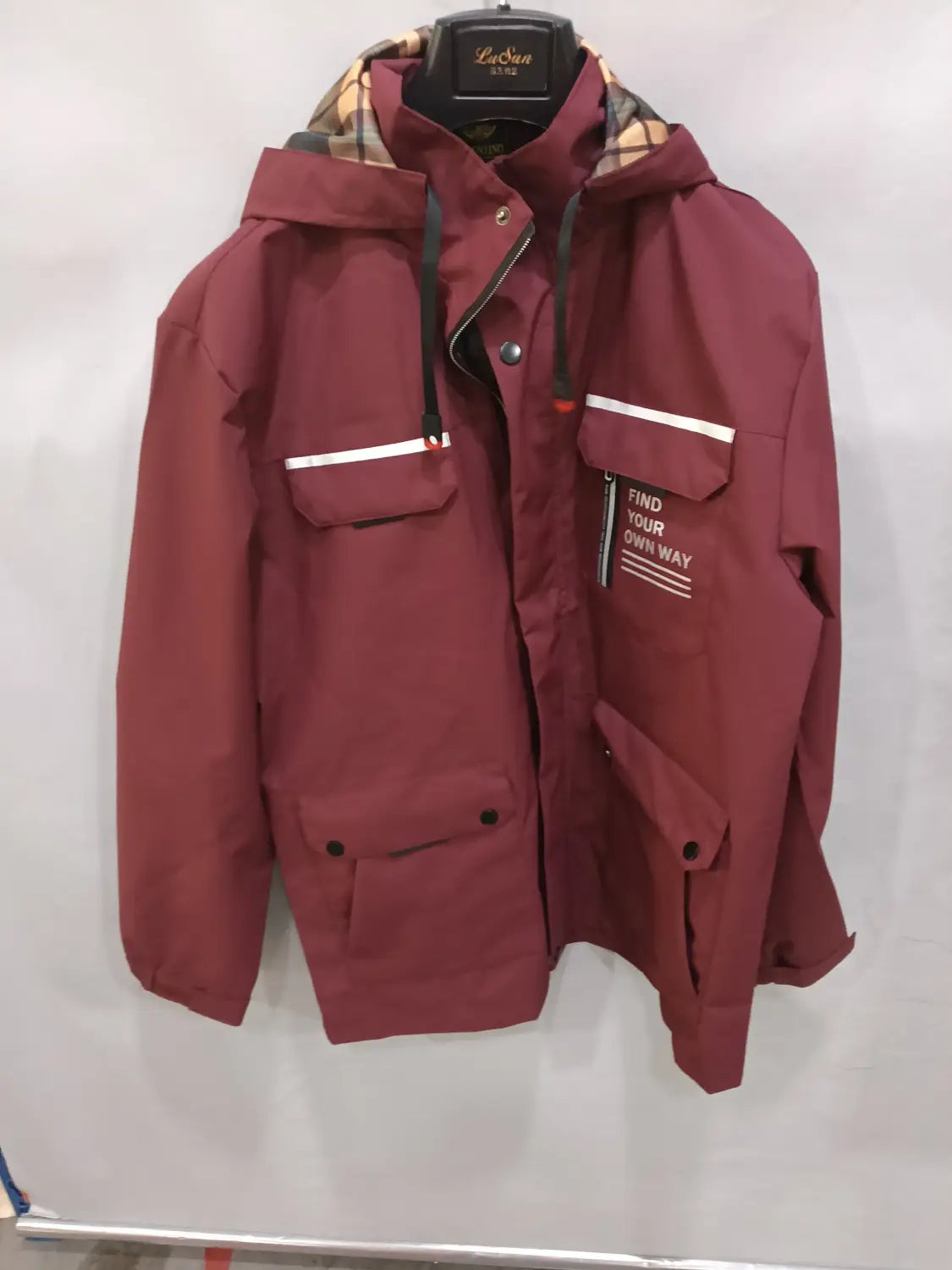 men winter hooded parka coat in maroon featuring white stripe accents and a plaid-lined interior designed for cold weather use