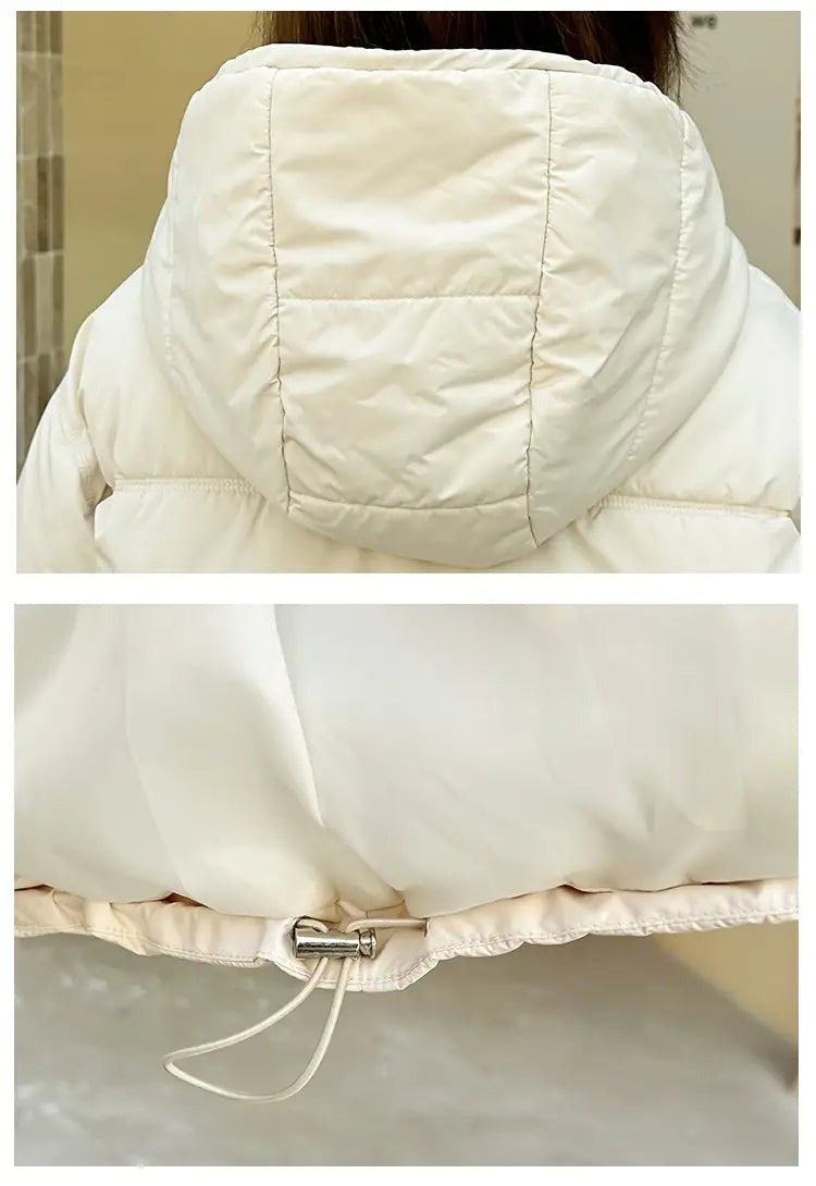 Weiße leichte Kapuzen-Pufferjacke aus Baumwolle mit Steppdesign, Kordelzug am Saum und Metallreißverschluss-Zieher.
