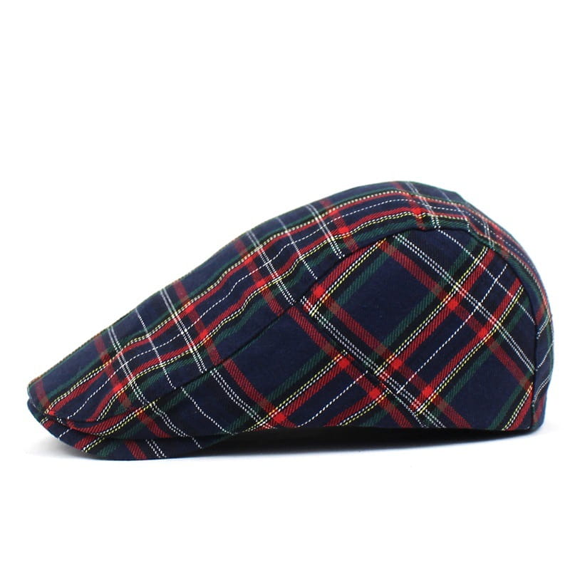 Plaid painter hat navy blue flat cap featuring a navy blue plaid pattern with red green and white intersecting stripes.