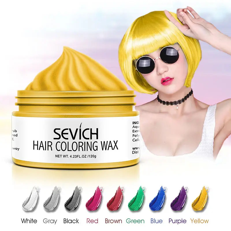 Eine kräftige gelbe Sevich-Haarfärbewachs-Farbe in einem eleganten metallischen Goldbehälter mit weißem Etikett für Einweg-Sofortfärbemittel Mud 100 g.