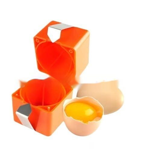 Orangener Kunststoff-Ei-Trenner mit silbernen Metallakzenten, ausgelegt als mobiles Küchengerät zum Öffnen und Trennen von Eiern.
