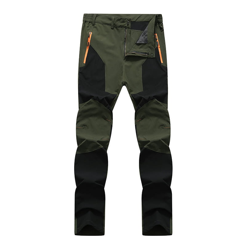 Men waterproof hiking pants in olive green and black with orange zipper accents designed for tactical use and stretch comfort.