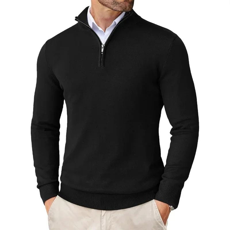 Suéter ligero para hombre con media cremallera en negro, con puños y bajo acanalados, diseñado para brindar comodidad y uso casual.