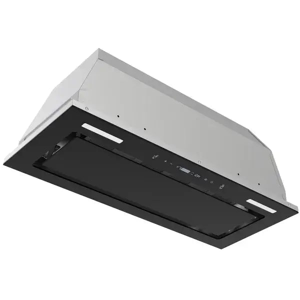 Modern 30 inch range hood insert with stainless steel construction, sleek black glass panel, minimalist control interface, and 800 cfm vent fan.