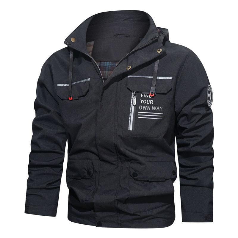 mens outdoor fleece hooded jacket in black with reflective stripes and a find your own way patch on the chest designed as a casual shell coat