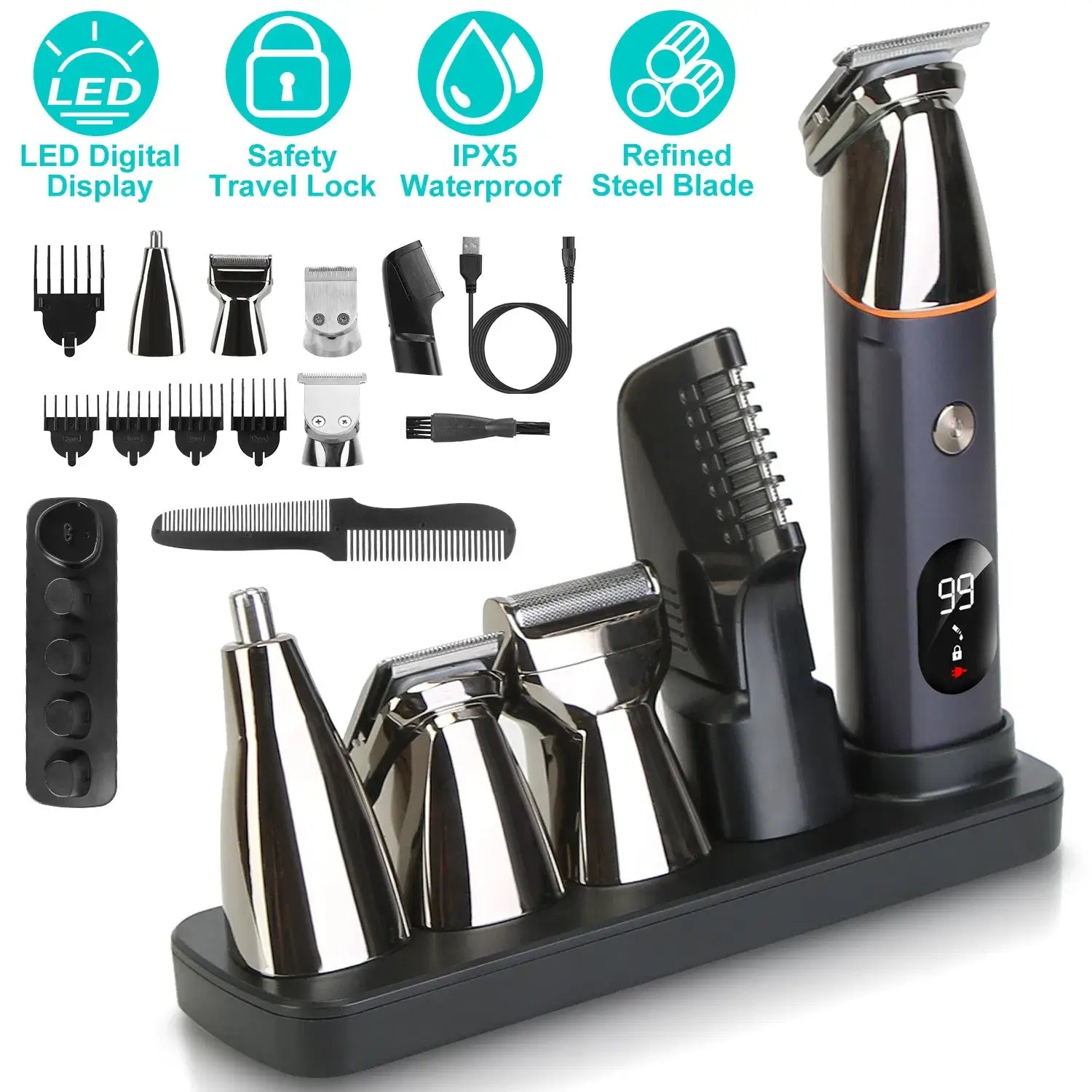Schwarzer und silberner 5-in-1-Barttrimmer für Männer mit LED-Anzeige, Sicherheitsverriegelung, IPX5-Wasserschutzbewertung, verfeinerten Stahlschneiden und mehreren Aufsätzen, einschließlich Kämmen und Trimmern.