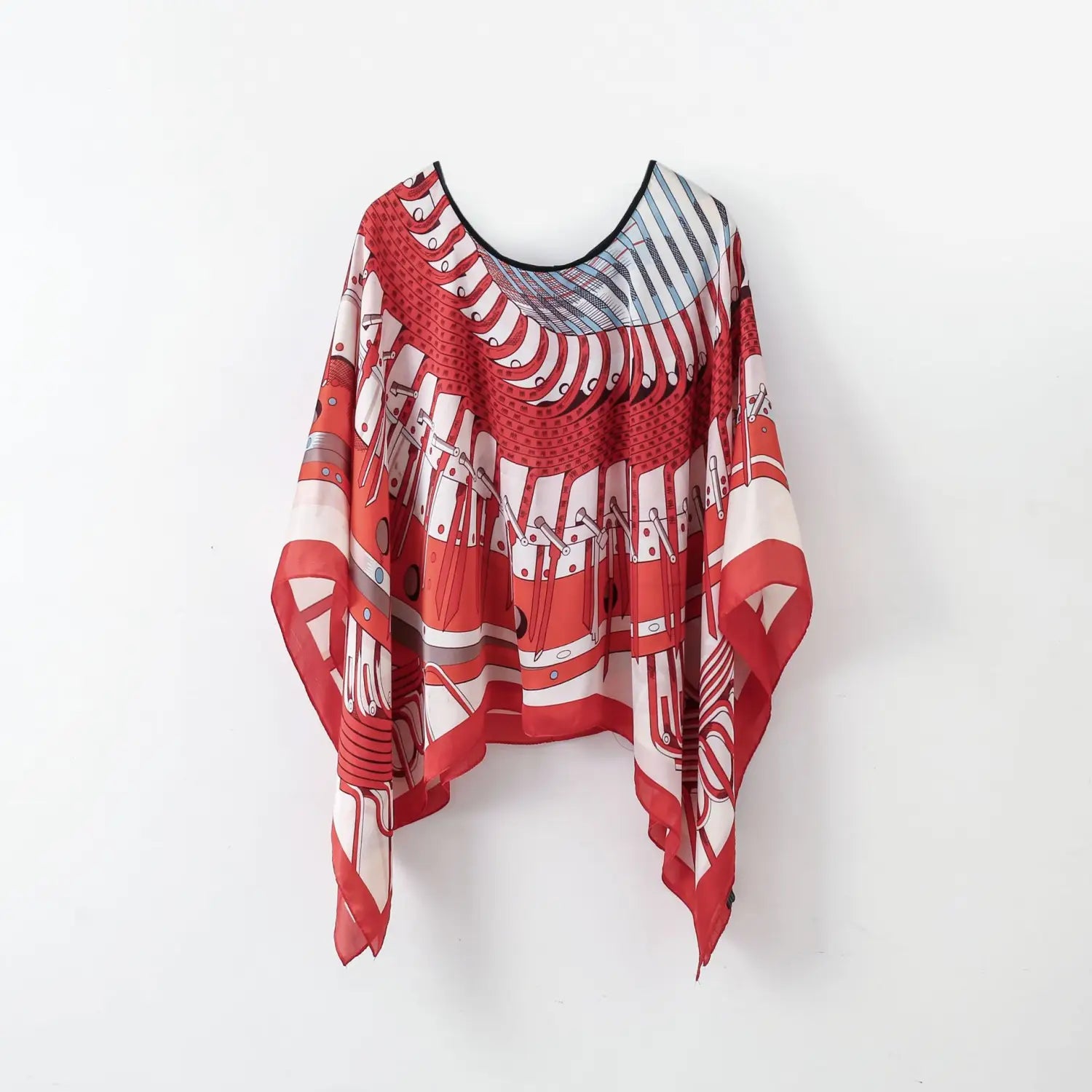 red and white patterned silk pullover shawl cape outerwear with black trim neckline