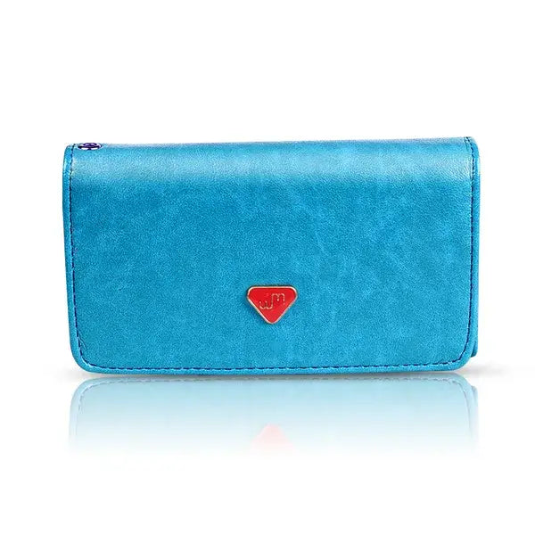 A vibrant turquoise slim metallic pu leather wristlet wallet and card holder with a textured surface and a small red triangular emblem on the front.