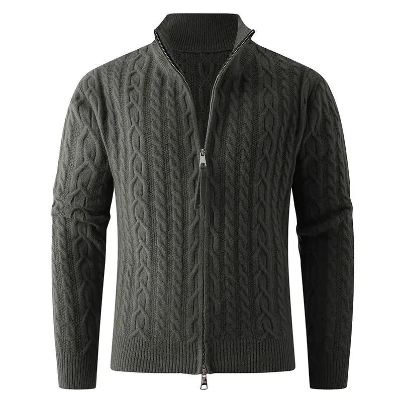 Dark gray thick half zip cable knit sweater for men featuring a ribbed collar and cuffs.