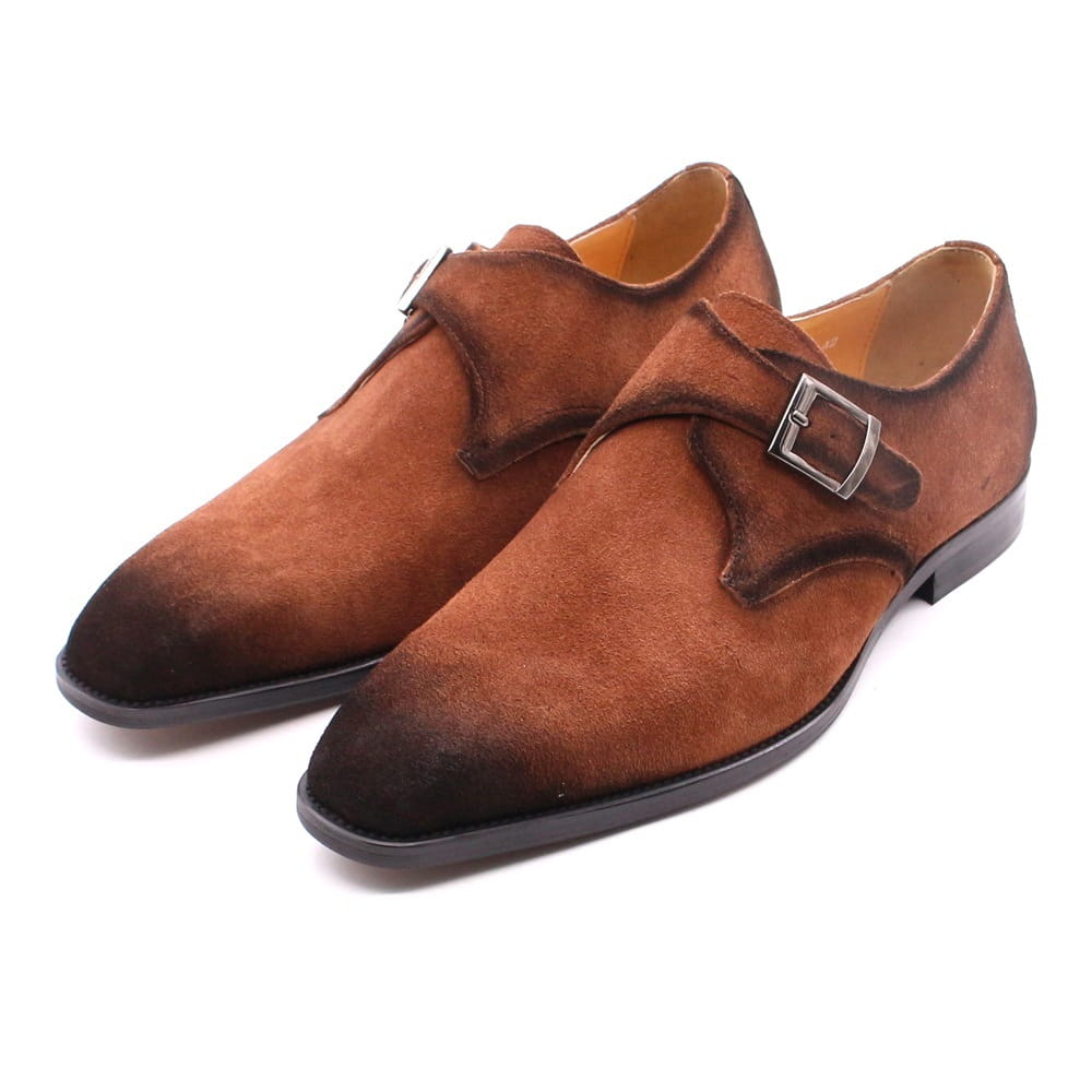 Handmade brown suede monk strap shoes with dark brown toe cap and silver buckle for men’s business casual wear.