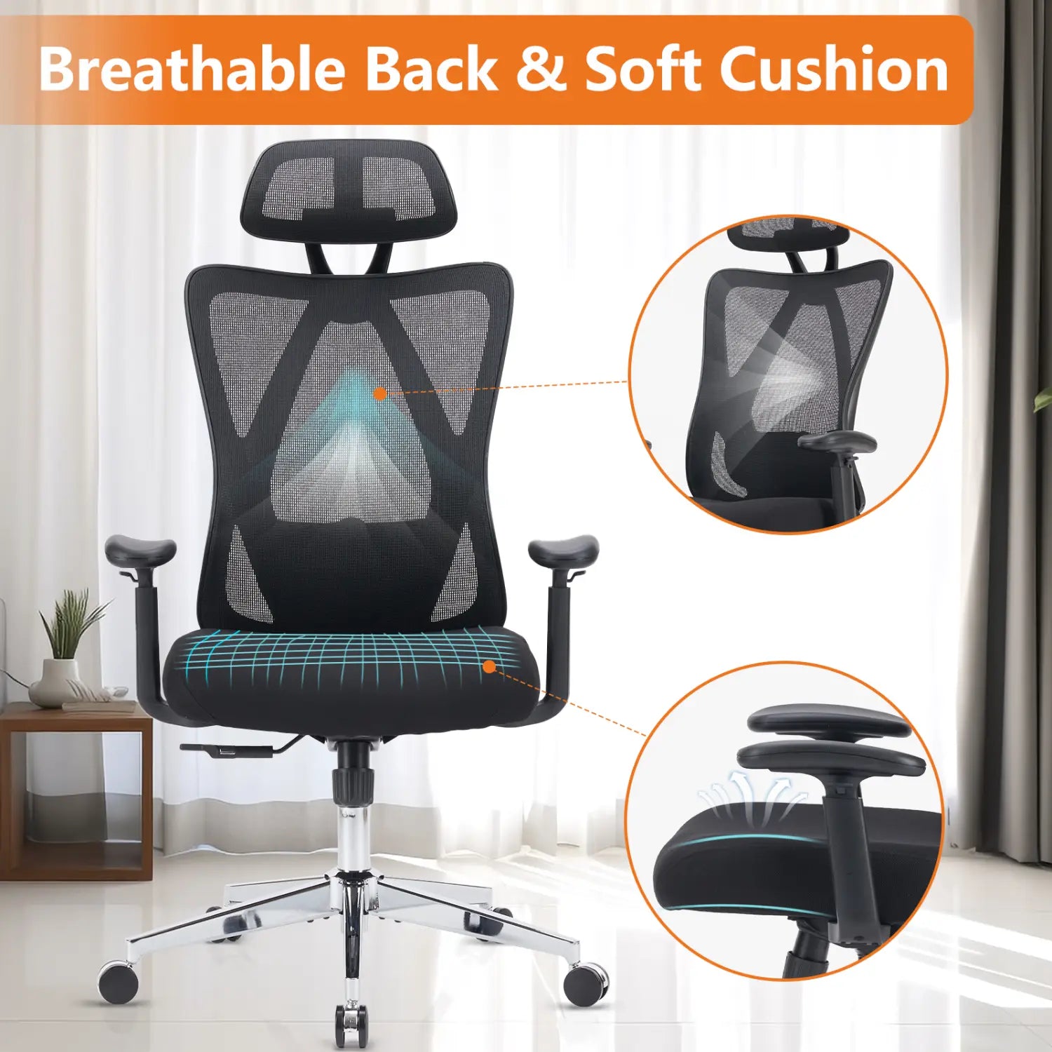 ergonomic mesh office chair in black with breathable back, soft cushioning, adjustable headrest, chrome base, and adjustable armrests designed for comfort and support.