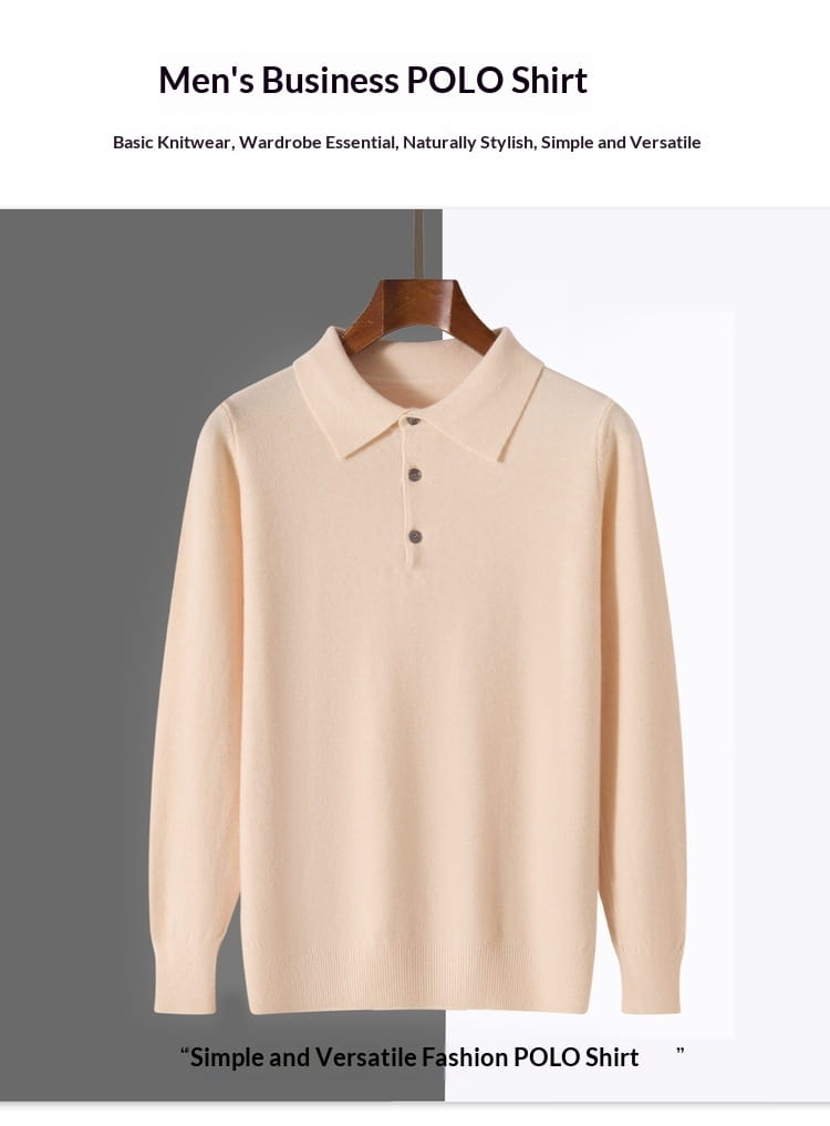 A soft beige men’s business knit polo sweater with a classic collar and three-button placket made from smooth knit fabric.
